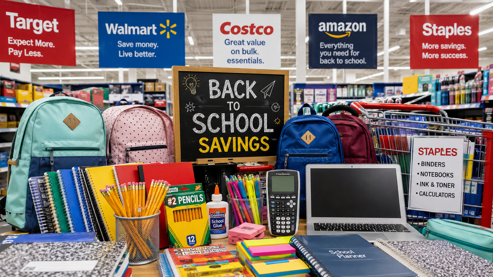 Best Back-to-School Deals 2026 featuring school supplies, backpacks, laptops, and savings from Target, Walmart, Costco, Amazon, and Staples.