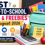 Back-to-school deals for August 2026 featuring school supplies, backpack, notebooks, laptop savings, teacher discounts, and student freebies.