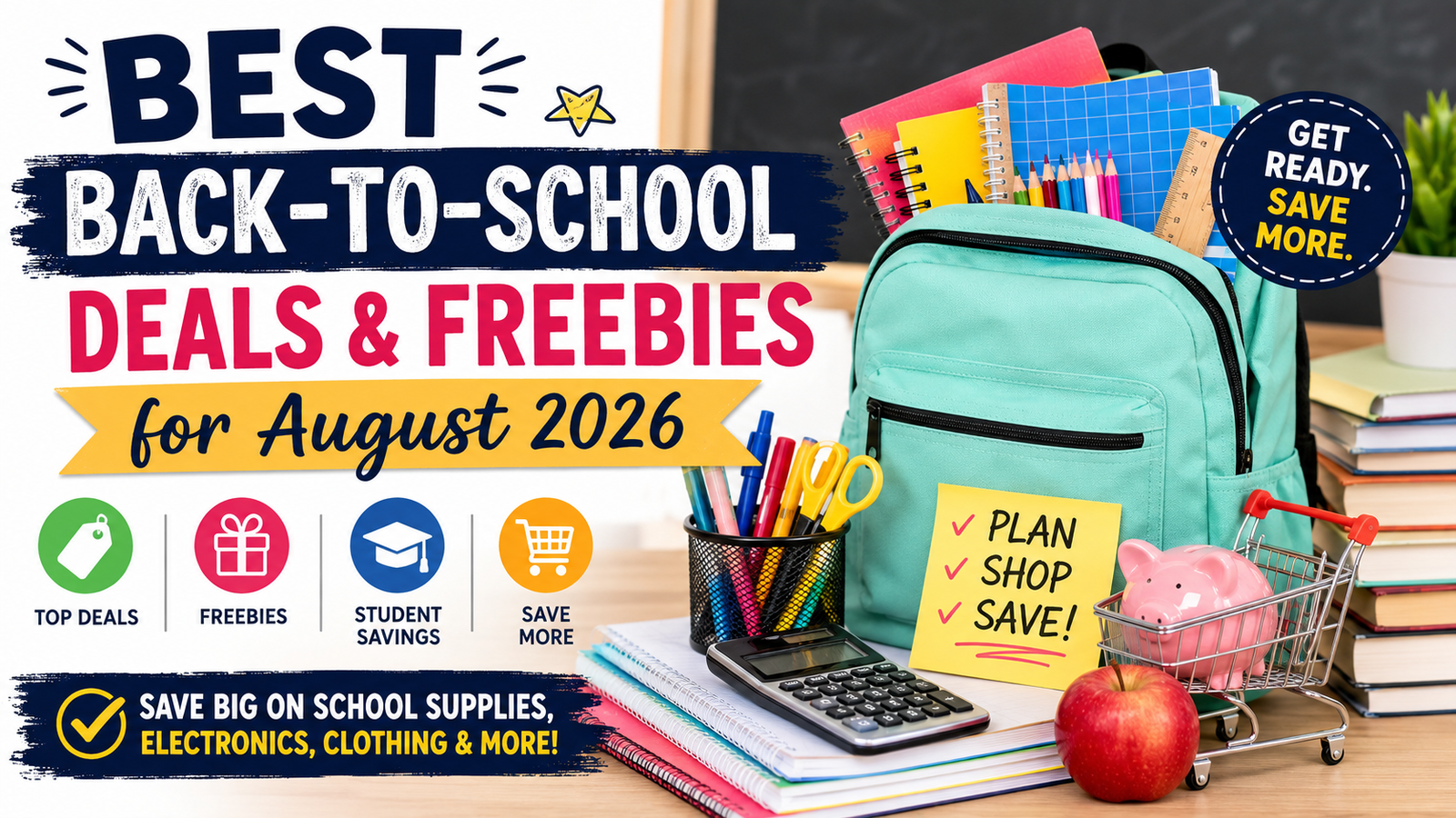 Back-to-school deals for August 2026 featuring school supplies, backpack, notebooks, laptop savings, teacher discounts, and student freebies.
