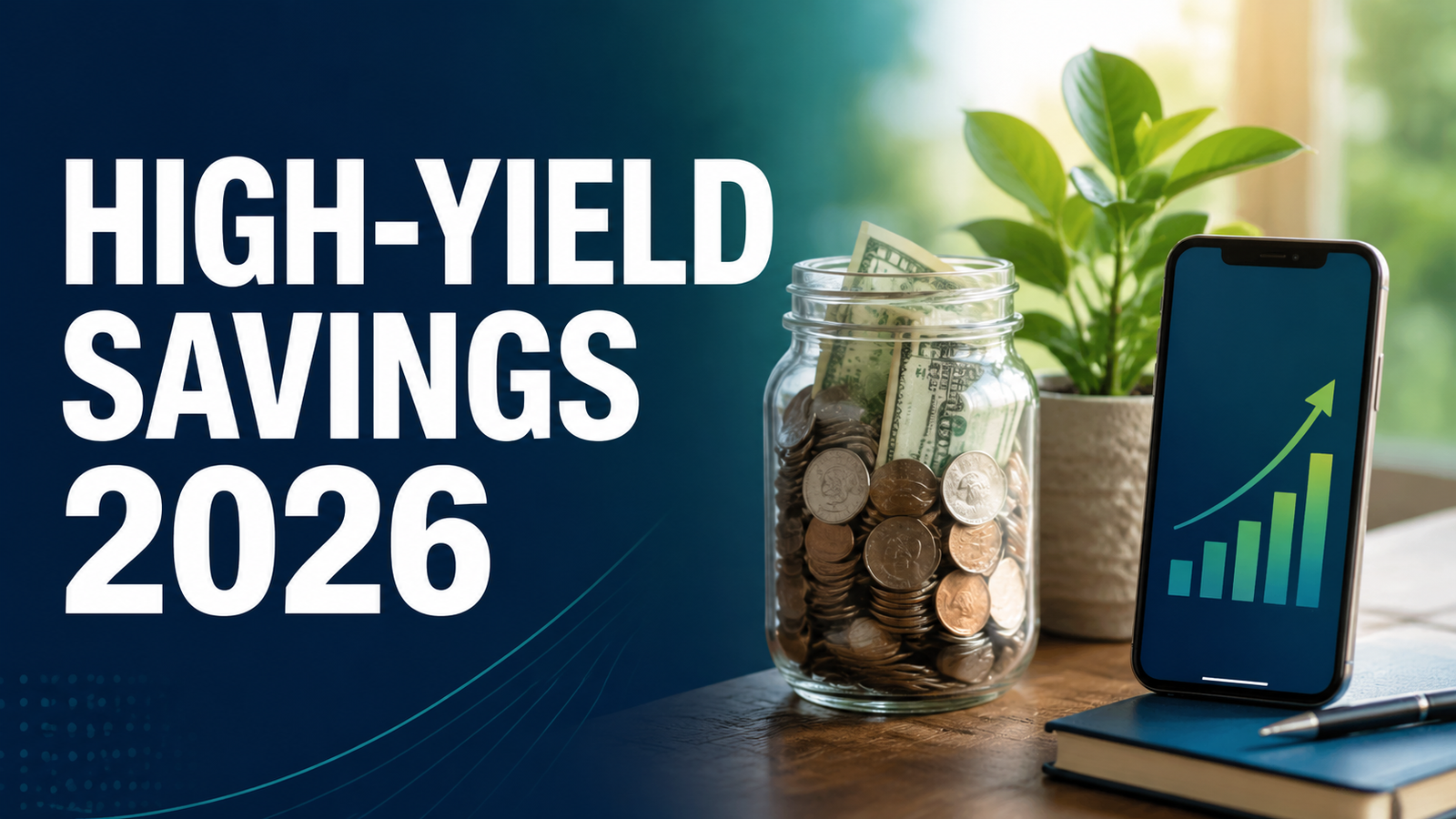 High-yield savings accounts 2026 with money jar and interest growth chart