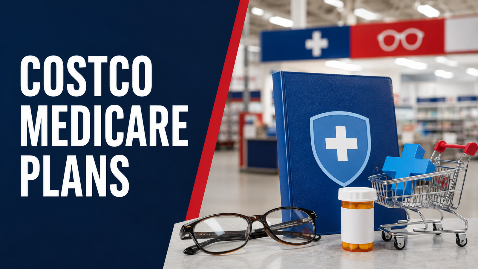Costco Medicare plans with healthcare folder, prescription bottle and glasses