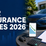 Car insurance rates 2026 with blue car and falling premium chart