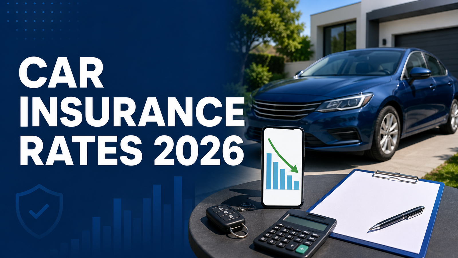 Car insurance rates 2026 with blue car and falling premium chart