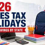 2026 sales tax holidays guide featuring school supplies, clothing, shoes, a backpack, and a laptop