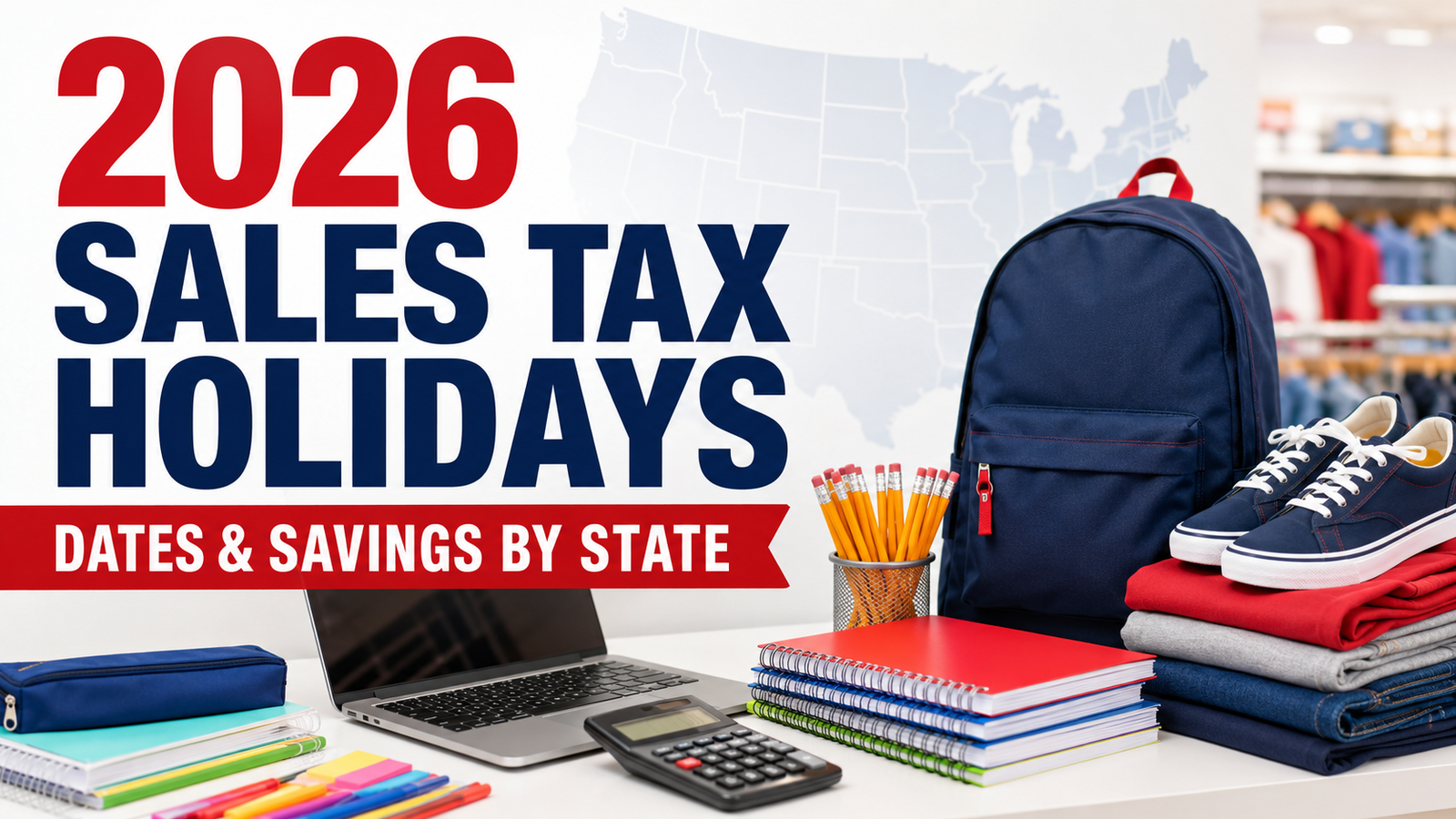 2026 sales tax holidays guide featuring school supplies, clothing, shoes, a backpack, and a laptop