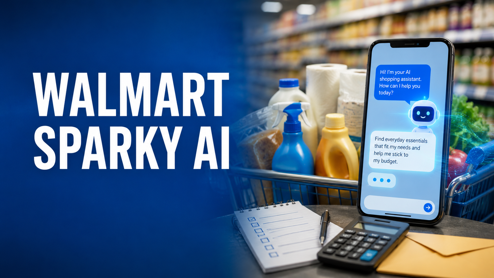 Walmart Sparky AI shopping assistant with grocery cart and budget checklist