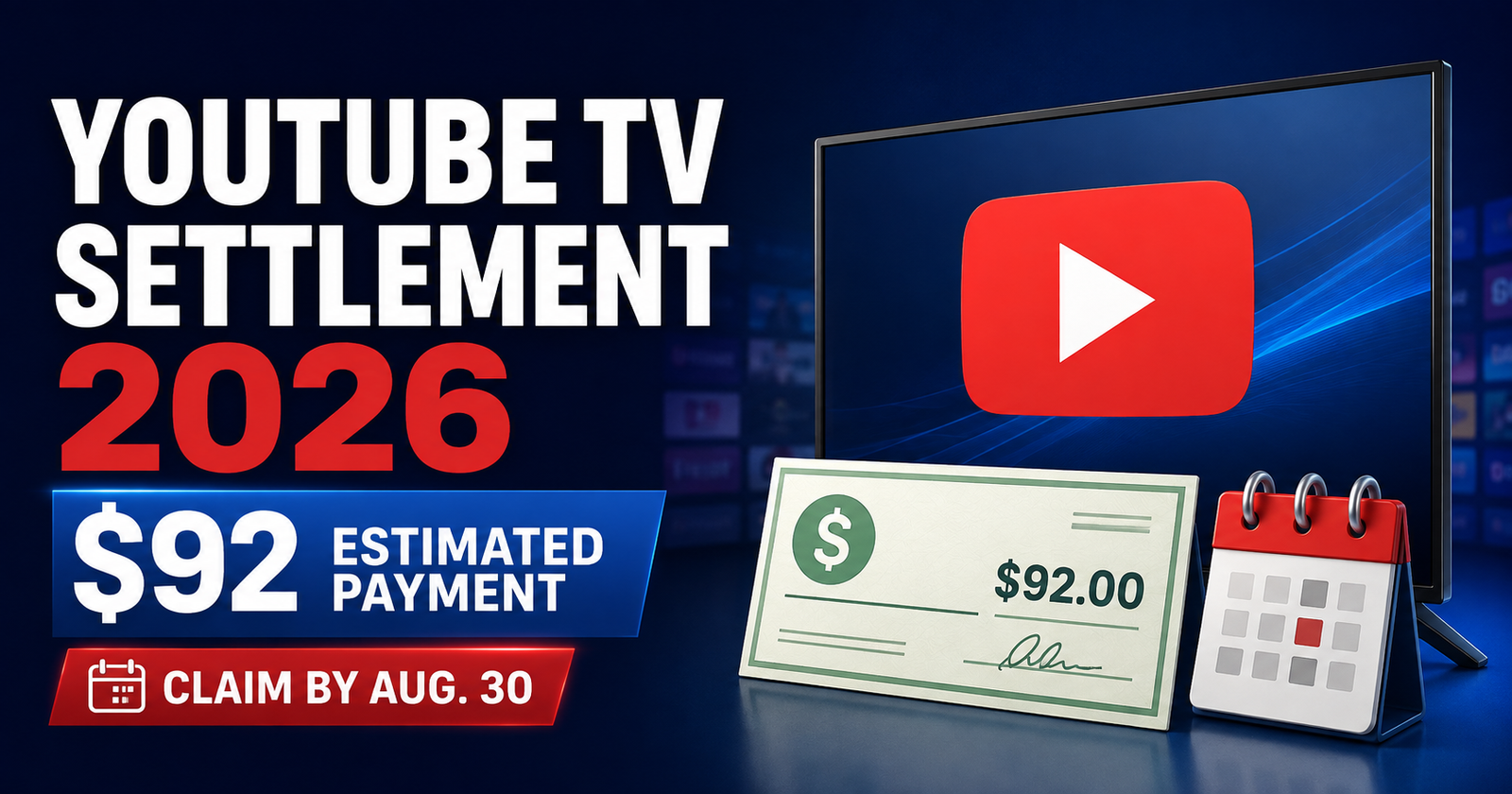 YouTube TV Settlement 2026 estimated $92 payment and August 30 claim deadline