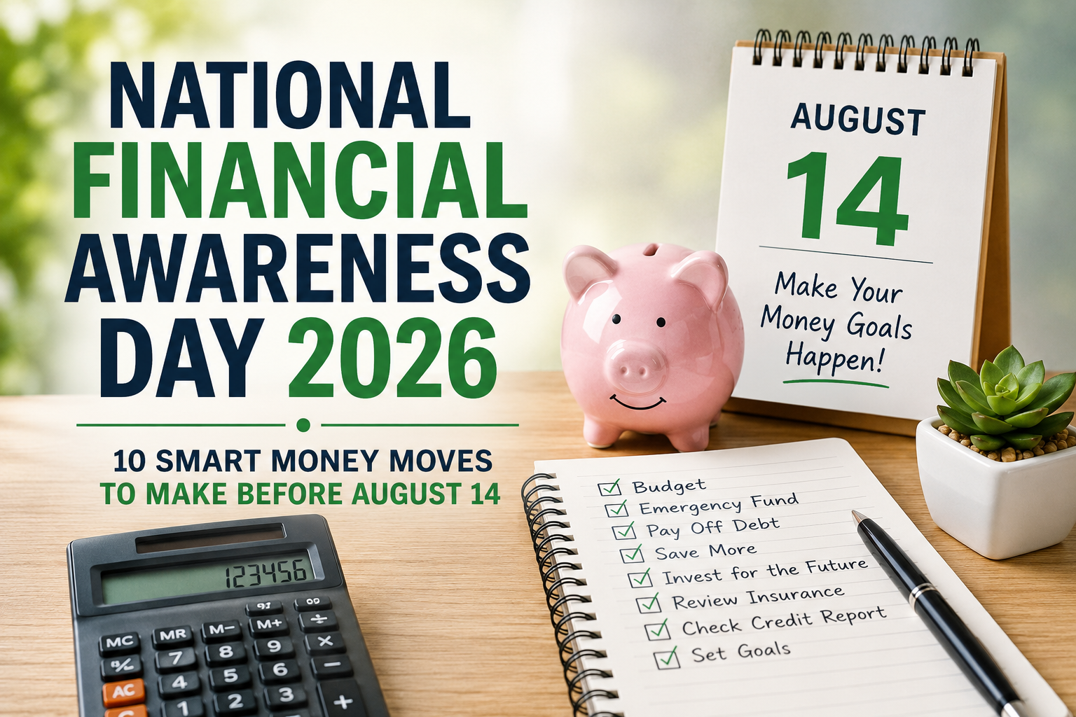 National Financial Awareness Day 2026 featured image showing a piggy bank, budget checklist, calculator, and financial planning tips before August 14.