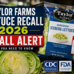 Taylor Farms Lettuce Recall 2026 featured image showing a bag of shredded iceberg lettuce with a recall alert due to possible Cyclospora contamination.