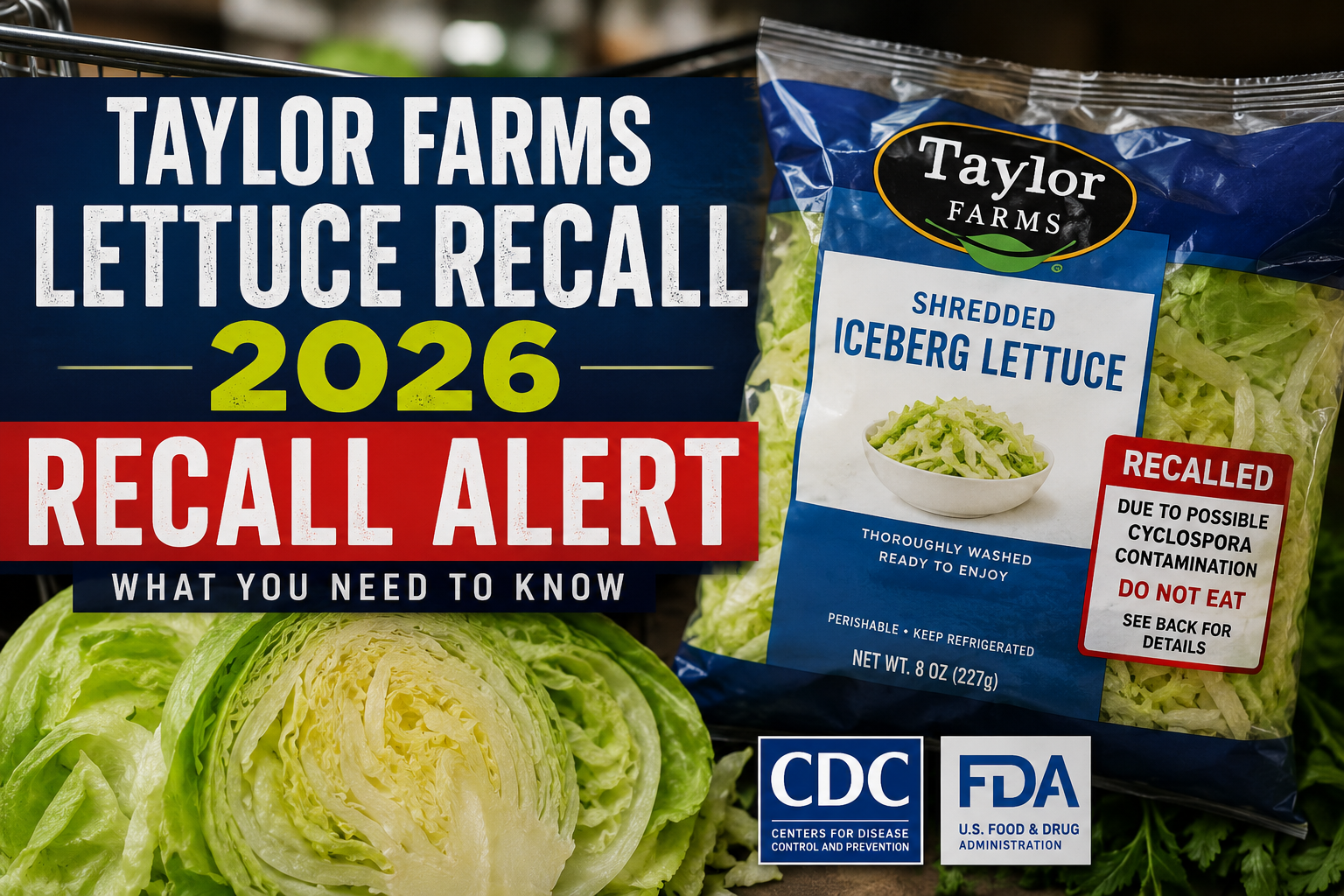 Taylor Farms Lettuce Recall 2026 featured image showing a bag of shredded iceberg lettuce with a recall alert due to possible Cyclospora contamination.