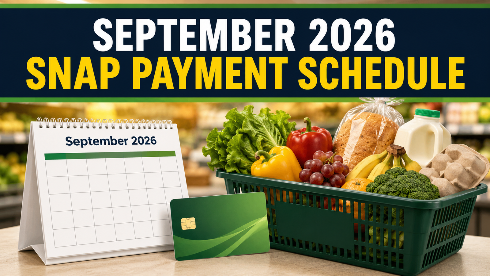 September 2026 SNAP payment schedule with EBT card, calendar, and groceries