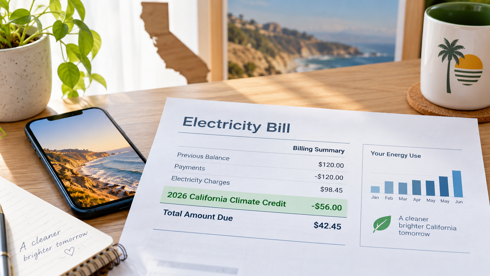 California Climate Credit 2026 shown as a $36 credit on a September electricity bill